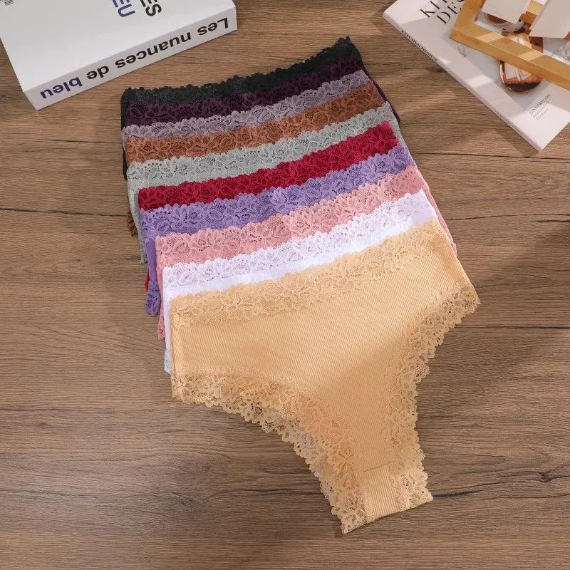 4Pcs/Set Seamless Cotton Brazilian Pants For Women Elastic High Waist Breathable Underpants Ladies Lace Panties Sexy Lingerie