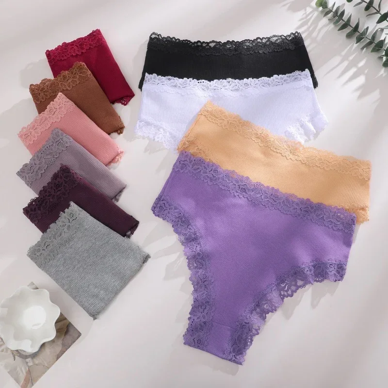 4Pcs/Set Seamless Cotton Brazilian Pants For Women Elastic High Waist Breathable Underpants Ladies Lace Panties Sexy Lingerie