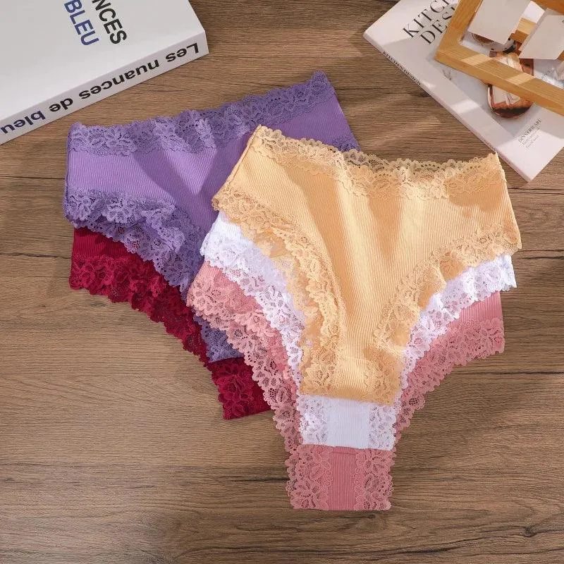 4Pcs/Set Seamless Cotton Brazilian Pants For Women Elastic High Waist Breathable Underpants Ladies Lace Panties Sexy Lingerie