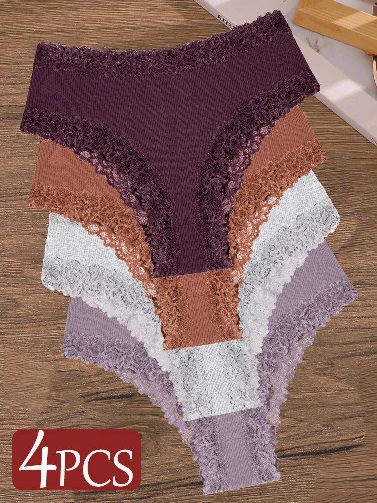 4Pcs/Set Seamless Cotton Brazilian Pants For Women Elastic High Waist Breathable Underpants Ladies Lace Panties Sexy Lingerie