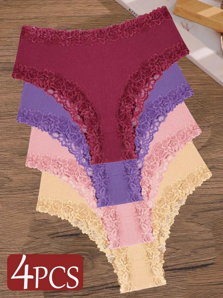 4Pcs/Set Seamless Cotton Brazilian Pants For Women Elastic High Waist Breathable Underpants Ladies Lace Panties Sexy Lingerie