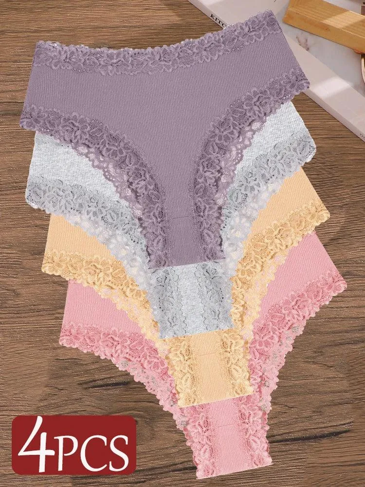 4Pcs/Set Seamless Cotton Brazilian Pants For Women Elastic High Waist Breathable Underpants Ladies Lace Panties Sexy Lingerie