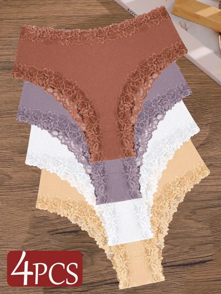 4Pcs/Set Seamless Cotton Brazilian Pants For Women Elastic High Waist Breathable Underpants Ladies Lace Panties Sexy Lingerie