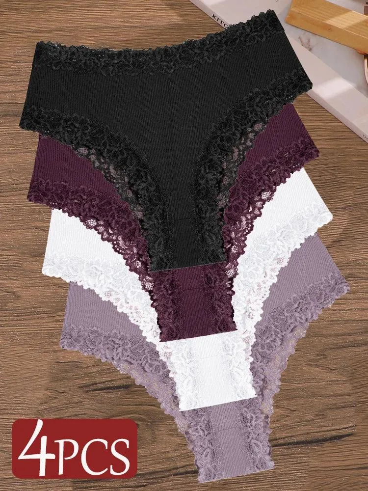 4Pcs/Set Seamless Cotton Brazilian Pants For Women Elastic High Waist Breathable Underpants Ladies Lace Panties Sexy Lingerie