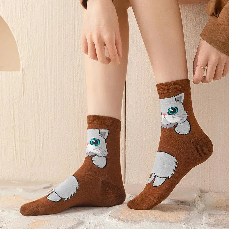 1/5 Pairs New Arrivals Women Socks Cartoon Animal Cat Spring Autumn Kawaii Comfortable School Girls Female Casual Funny Socks