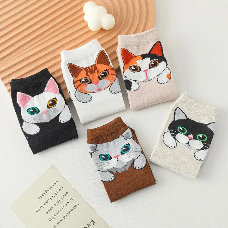 1/5 Pairs New Arrivals Women Socks Cartoon Animal Cat Spring Autumn Kawaii Comfortable School Girls Female Casual Funny Socks