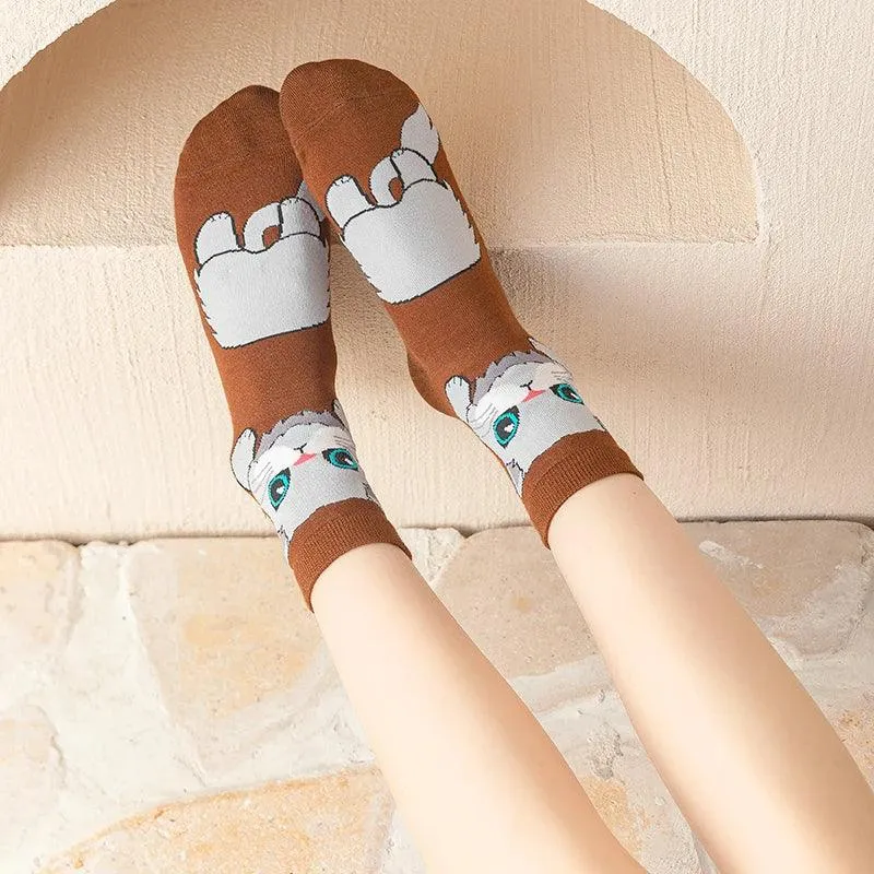 1/5 Pairs New Arrivals Women Socks Cartoon Animal Cat Spring Autumn Kawaii Comfortable School Girls Female Casual Funny Socks