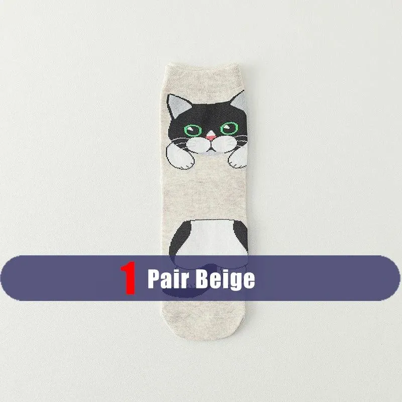 1/5 Pairs New Arrivals Women Socks Cartoon Animal Cat Spring Autumn Kawaii Comfortable School Girls Female Casual Funny Socks