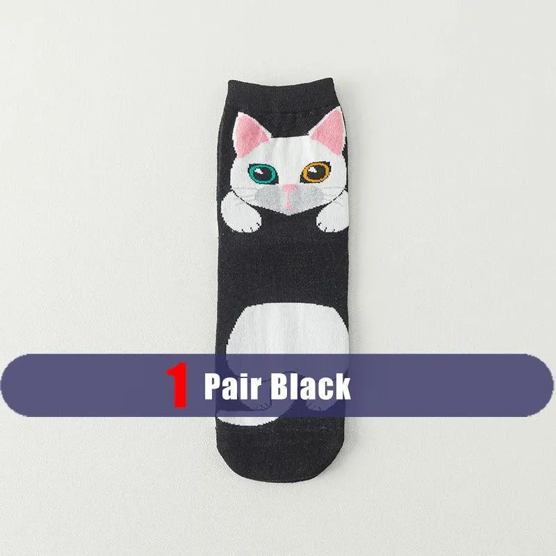 1/5 Pairs New Arrivals Women Socks Cartoon Animal Cat Spring Autumn Kawaii Comfortable School Girls Female Casual Funny Socks