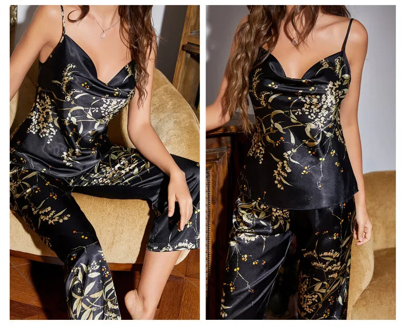 Women Pajamas Sexy Print Cherry Suspender Pijamas Suit Sleepwear Spring Summer Silk Rayon Home Clothes Sling Pants Two Piece Set