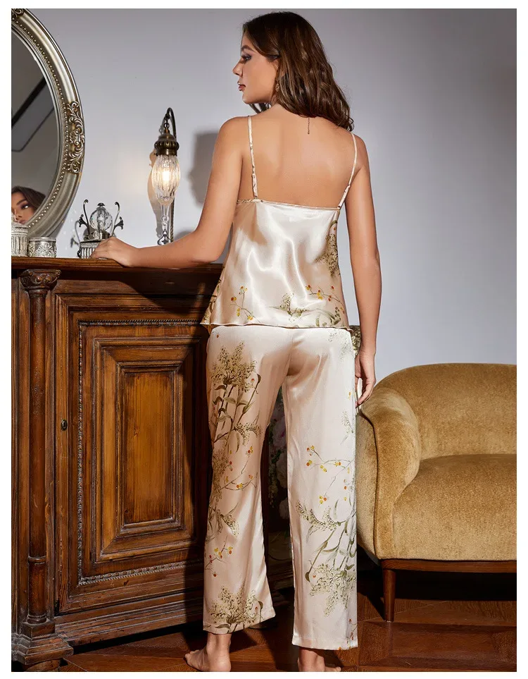 Women Pajamas Sexy Print Cherry Suspender Pijamas Suit Sleepwear Spring Summer Silk Rayon Home Clothes Sling Pants Two Piece Set