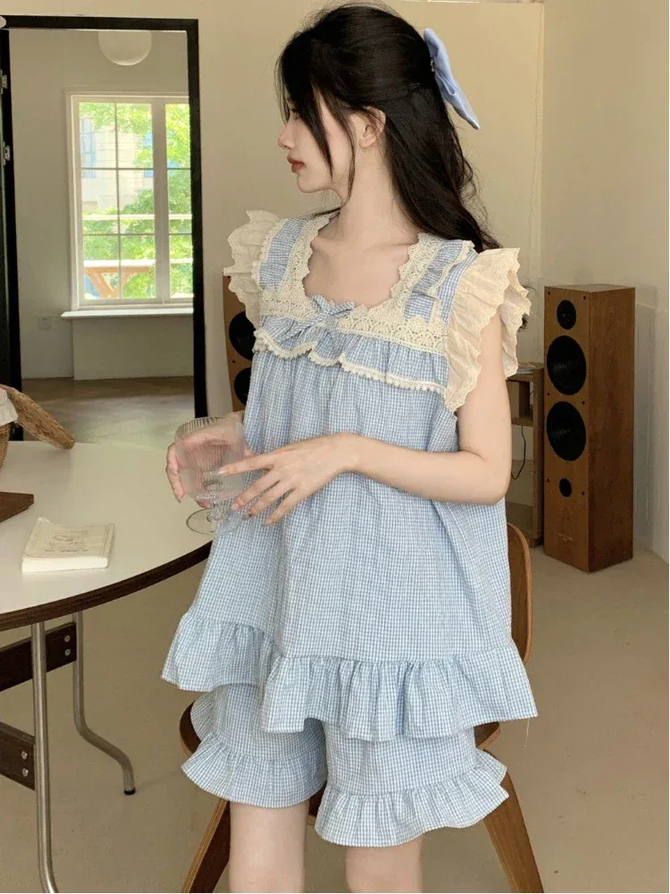 Pajama Sets Women Kawaii Tender Summer Bow Design Girlish Fashion Japanese Style Ruffles Sleepwear Home Student Casual Dormitory