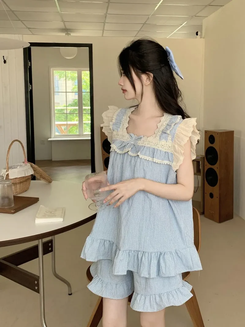 Pajama Sets Women Kawaii Tender Summer Bow Design Girlish Fashion Japanese Style Ruffles Sleepwear Home Student Casual Dormitory