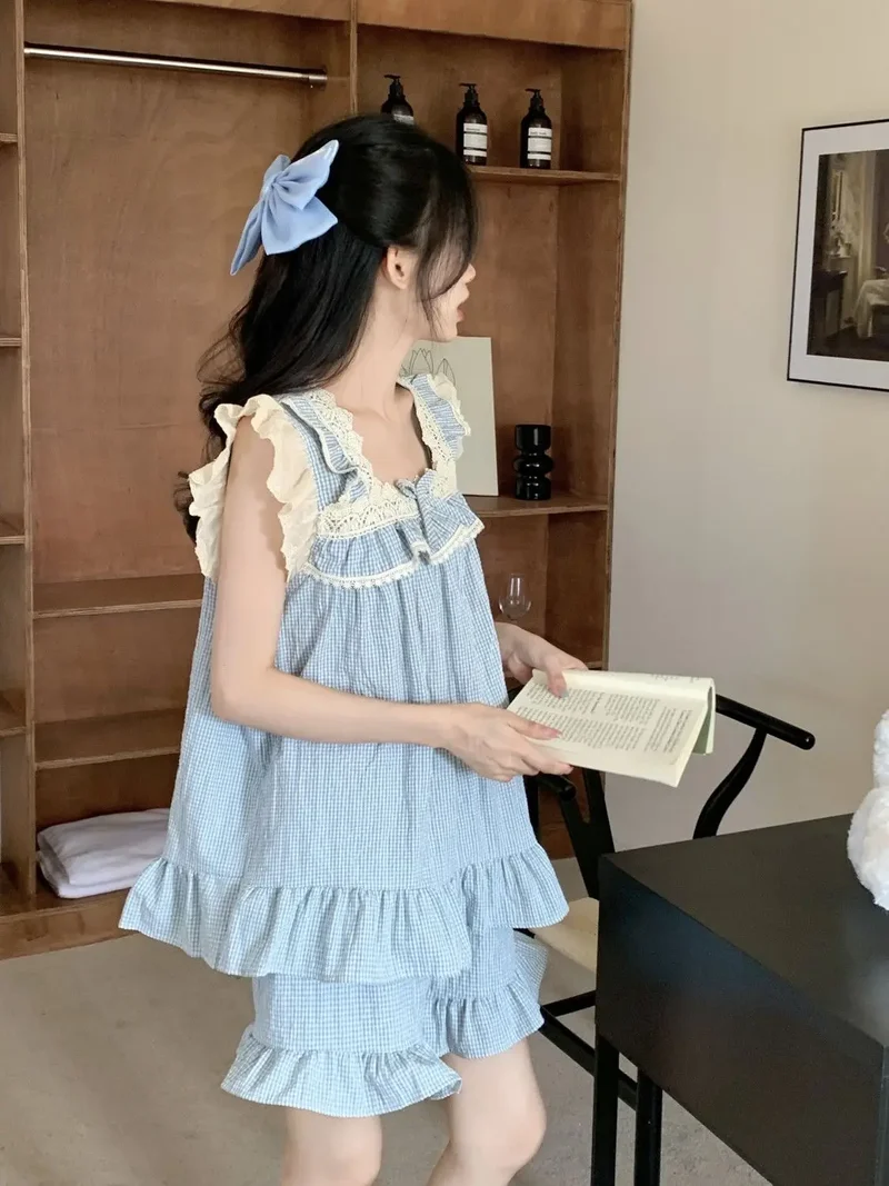 Pajama Sets Women Kawaii Tender Summer Bow Design Girlish Fashion Japanese Style Ruffles Sleepwear Home Student Casual Dormitory