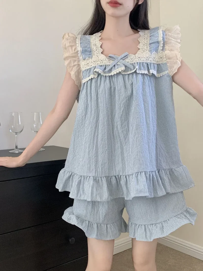 Pajama Sets Women Kawaii Tender Summer Bow Design Girlish Fashion Japanese Style Ruffles Sleepwear Home Student Casual Dormitory