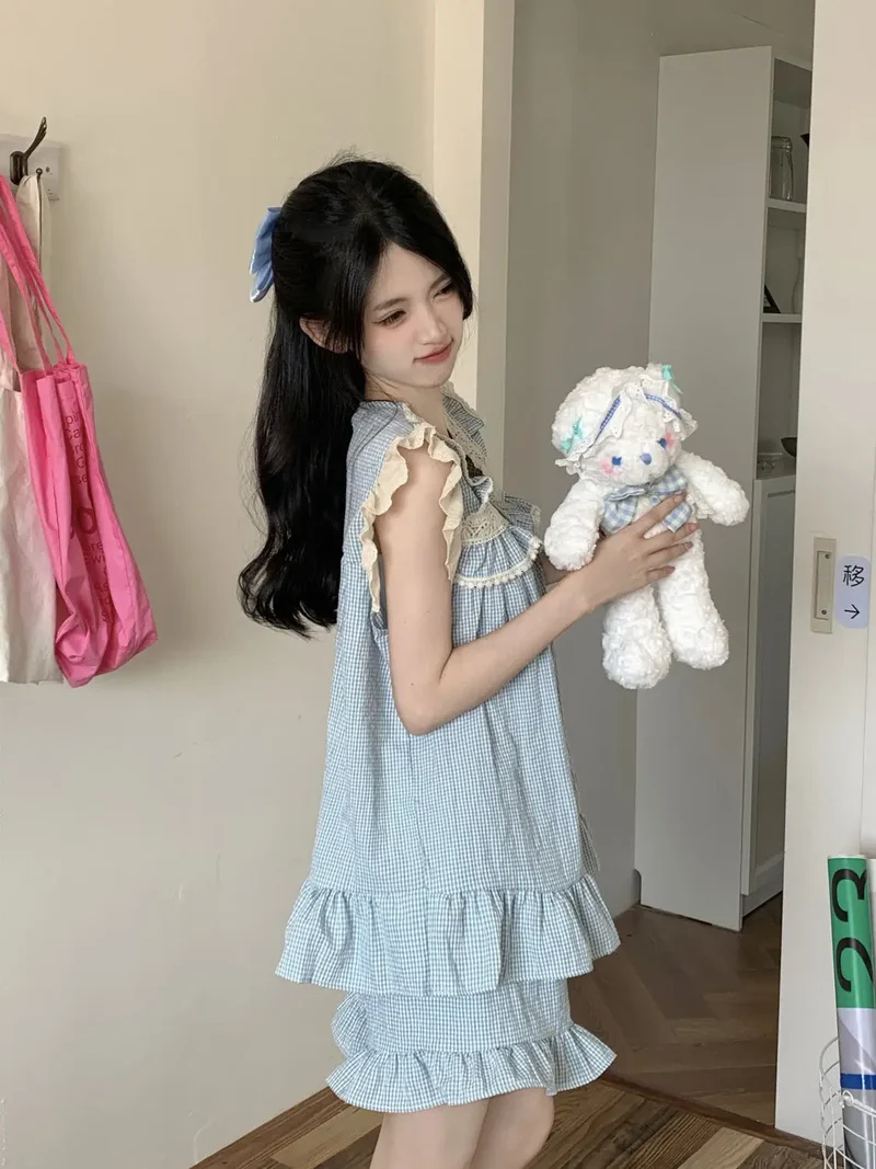 Pajama Sets Women Kawaii Tender Summer Bow Design Girlish Fashion Japanese Style Ruffles Sleepwear Home Student Casual Dormitory