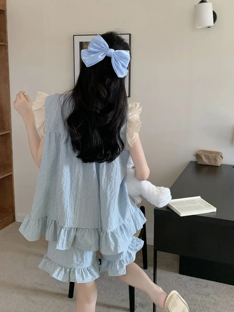 Pajama Sets Women Kawaii Tender Summer Bow Design Girlish Fashion Japanese Style Ruffles Sleepwear Home Student Casual Dormitory