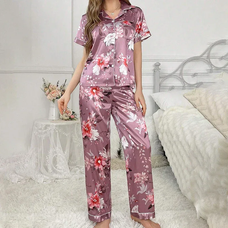 Satin Pajama for Women Flower Print Sleepwear Set Soft Comfort Home Clothes Autumn Short Sleeve Tops & Pants Pyjama Pijama Femme