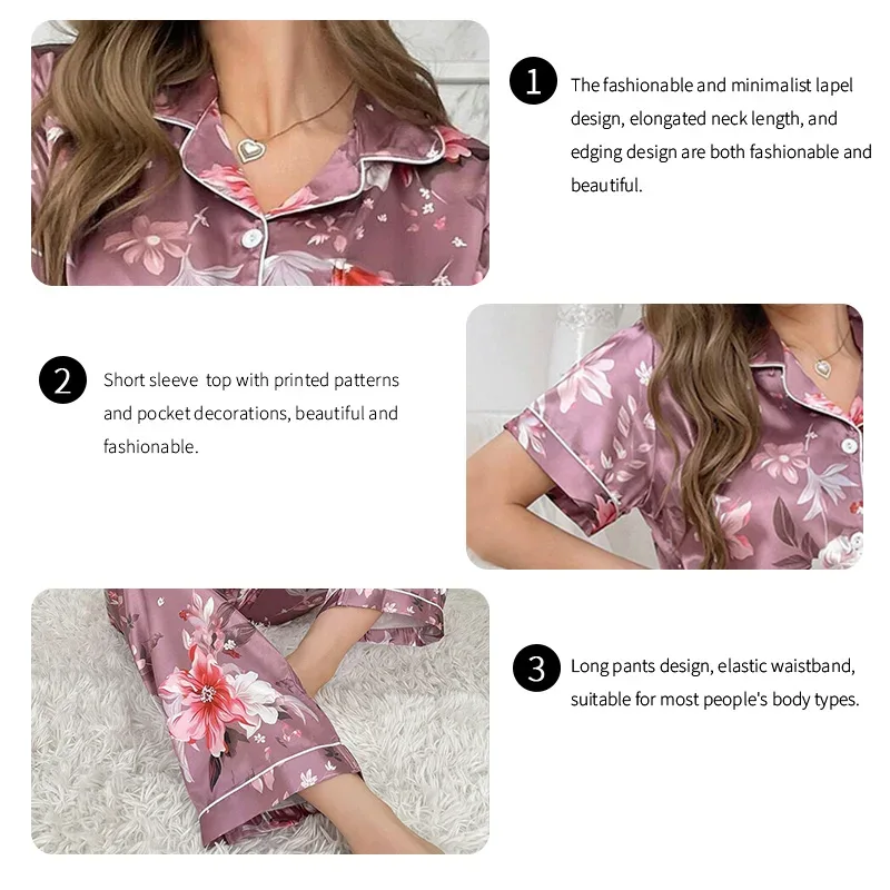 Satin Pajama for Women Flower Print Sleepwear Set Soft Comfort Home Clothes Autumn Short Sleeve Tops & Pants Pyjama Pijama Femme