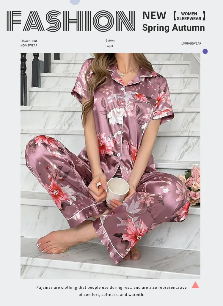 Satin Pajama for Women Flower Print Sleepwear Set Soft Comfort Home Clothes Autumn Short Sleeve Tops & Pants Pyjama Pijama Femme