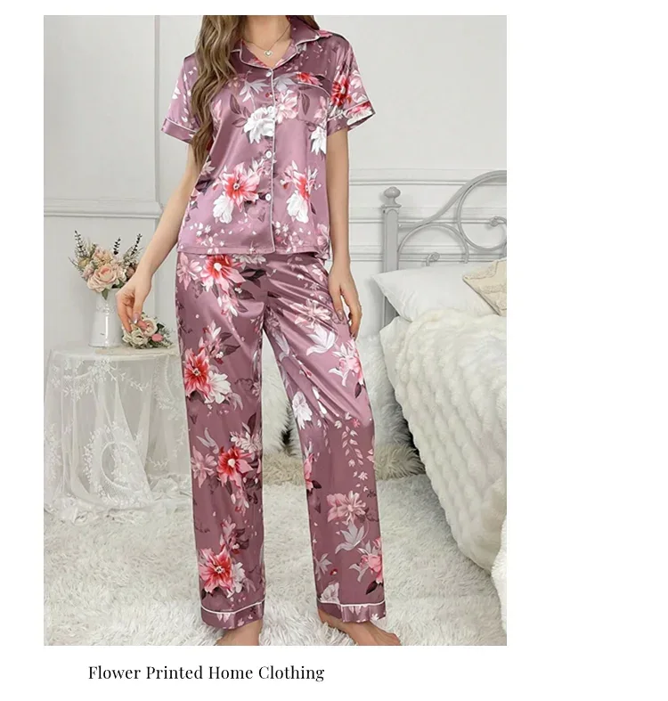 Satin Pajama for Women Flower Print Sleepwear Set Soft Comfort Home Clothes Autumn Short Sleeve Tops & Pants Pyjama Pijama Femme