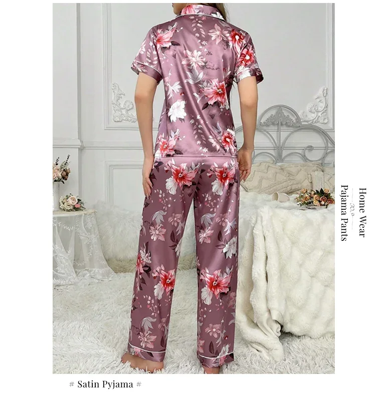 Satin Pajama for Women Flower Print Sleepwear Set Soft Comfort Home Clothes Autumn Short Sleeve Tops & Pants Pyjama Pijama Femme