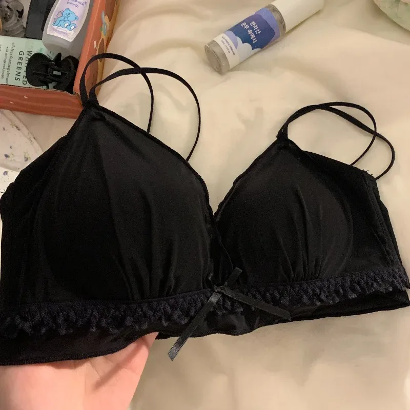 Wirefree Push Up Bra Set for Small Bust | French Ruffle Trim Silk Feel Thin Cups, Sweet Sexy Bralette | Hot MOYISU Sexy Panty AB