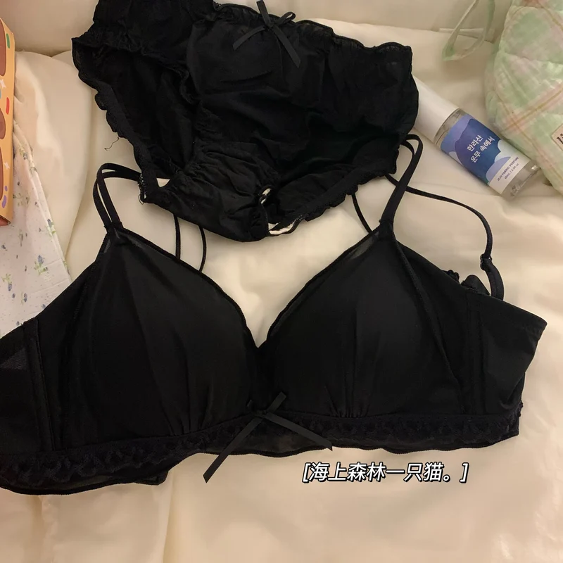 Wirefree Push Up Bra Set for Small Bust | French Ruffle Trim Silk Feel Thin Cups, Sweet Sexy Bralette | Hot MOYISU Sexy Panty AB
