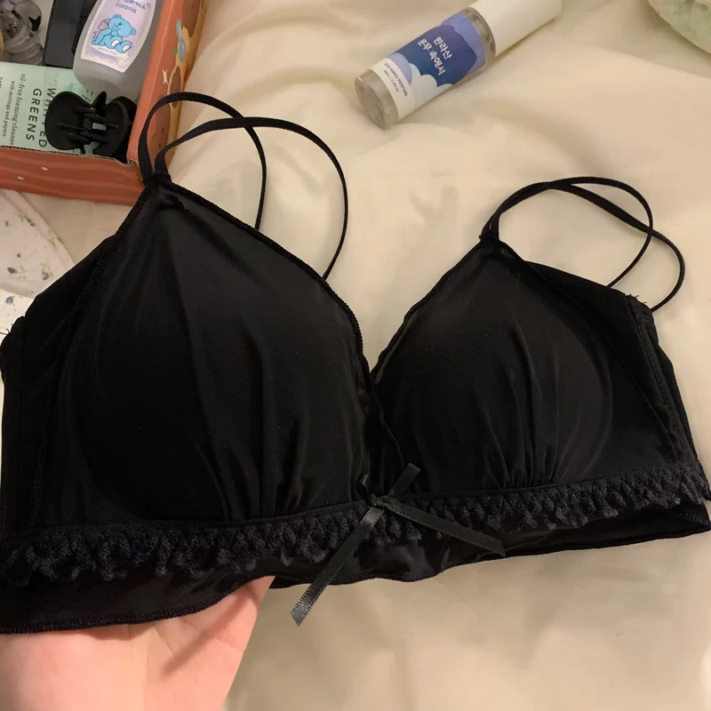 Wirefree Push Up Bra Set for Small Bust | French Ruffle Trim Silk Feel Thin Cups, Sweet Sexy Bralette | Hot MOYISU Sexy Panty AB