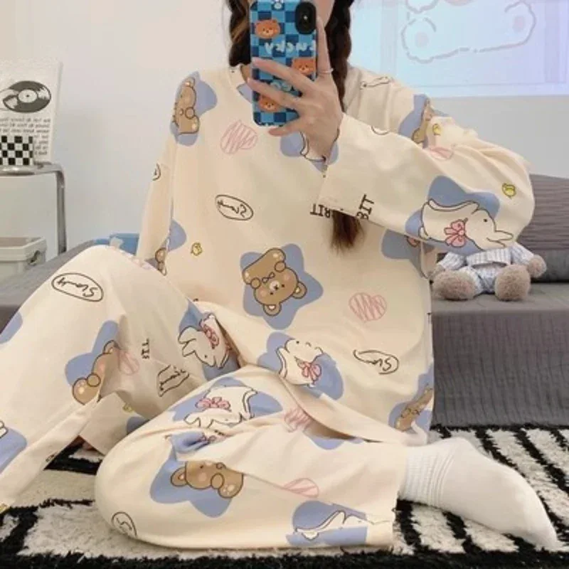 Women's Pajama Set for Spring & Autumn - Long Sleeve & Long Pant, Cute Cartoon Animal Print, Sweet Style for Home & Outdoor Wear