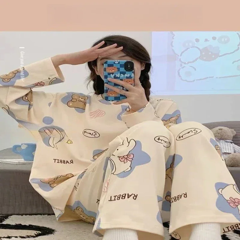 Women's Pajama Set for Spring & Autumn - Long Sleeve & Long Pant, Cute Cartoon Animal Print, Sweet Style for Home & Outdoor Wear