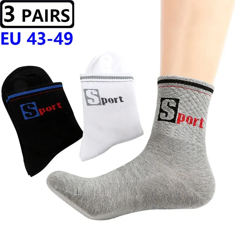 3 Pairs/Pack Big Large Socks EU 47,48,49 Sports Mid Socks Men's Plus Size Combed Cotton Compression Socks Meias Calcetines Male