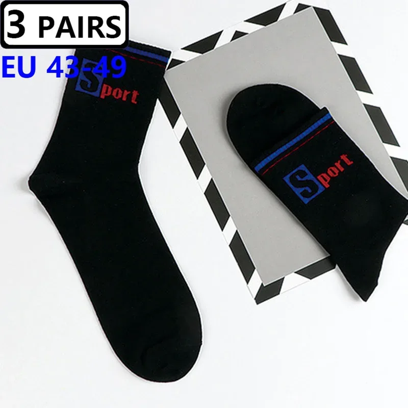 3 Pairs/Pack Big Large Socks EU 47,48,49 Sports Mid Socks Men's Plus Size Combed Cotton Compression Socks Meias Calcetines Male
