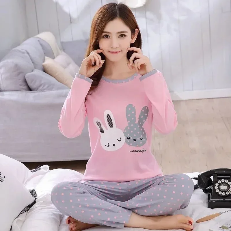 Autumn 2pieces Pyjamas Set Women Thin Sexy Sleepwear Lovely Home Suit 2025 Round Neck Girls Teacup SleepwearLong Sleeve Pajamas