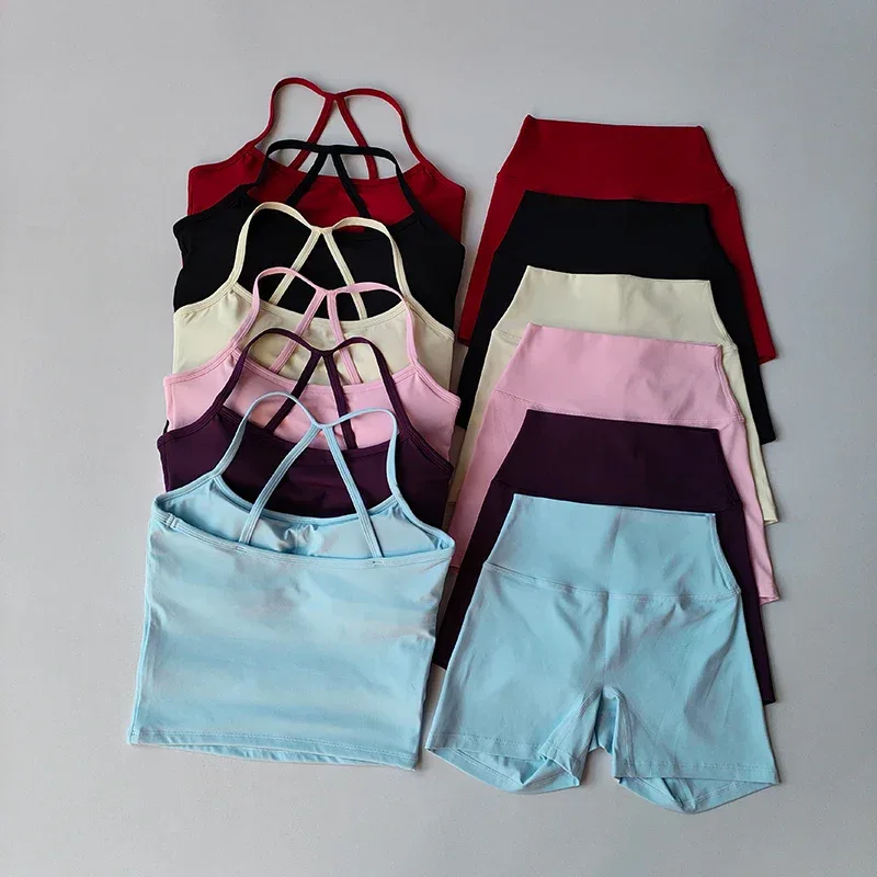 2PCS Gym Fitness Medium-intensity Sports Vest Beauty Back Yoga Suit Sports Bra Women Pilates Bra High Waist Hip Lift Shorts Set