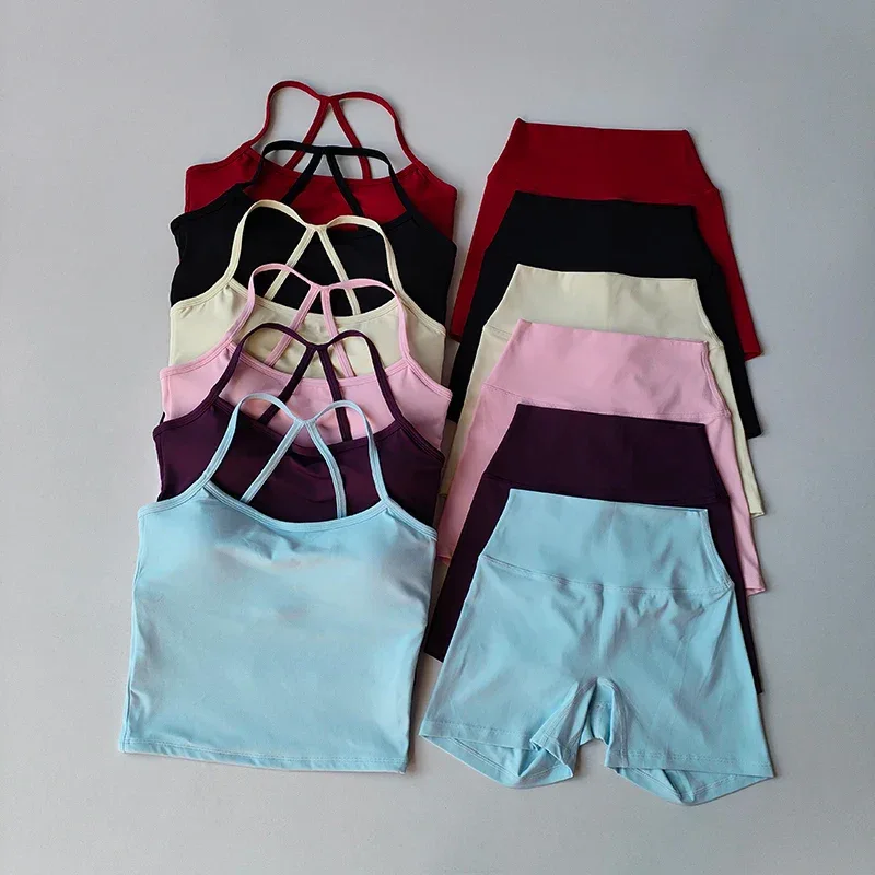 2PCS Gym Fitness Medium-intensity Sports Vest Beauty Back Yoga Suit Sports Bra Women Pilates Bra High Waist Hip Lift Shorts Set