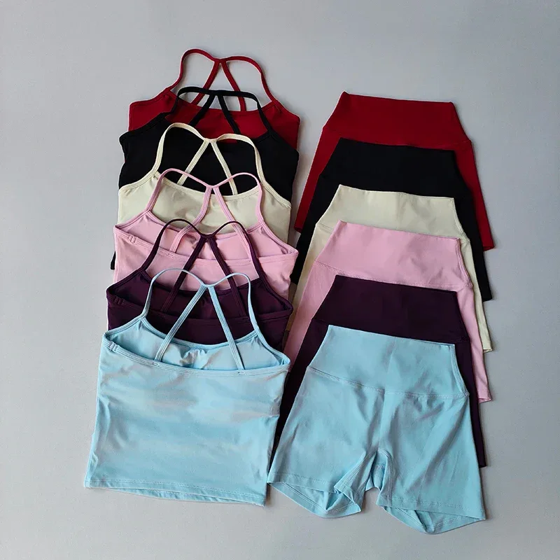 2PCS Gym Fitness Medium-intensity Sports Vest Beauty Back Yoga Suit Sports Bra Women Pilates Bra High Waist Hip Lift Shorts Set