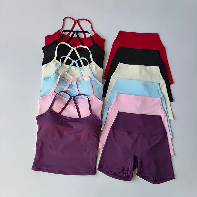 2PCS Gym Fitness Medium-intensity Sports Vest Beauty Back Yoga Suit Sports Bra Women Pilates Bra High Waist Hip Lift Shorts Set
