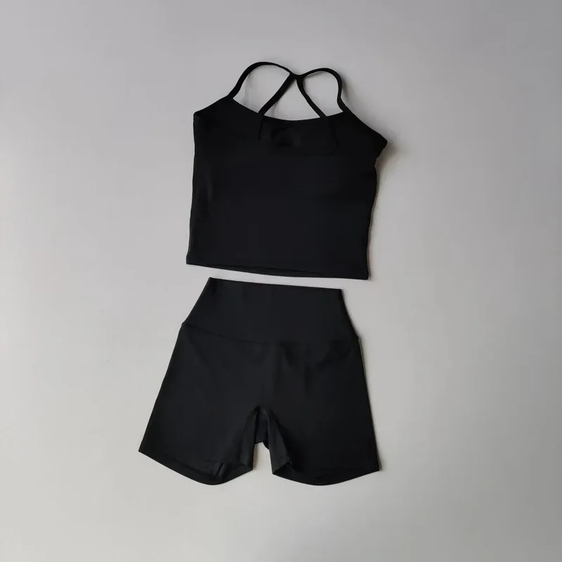 2PCS Gym Fitness Medium-intensity Sports Vest Beauty Back Yoga Suit Sports Bra Women Pilates Bra High Waist Hip Lift Shorts Set