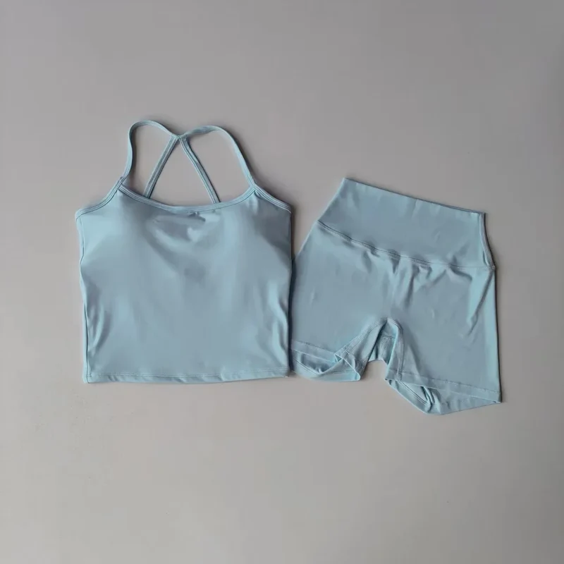 2PCS Gym Fitness Medium-intensity Sports Vest Beauty Back Yoga Suit Sports Bra Women Pilates Bra High Waist Hip Lift Shorts Set