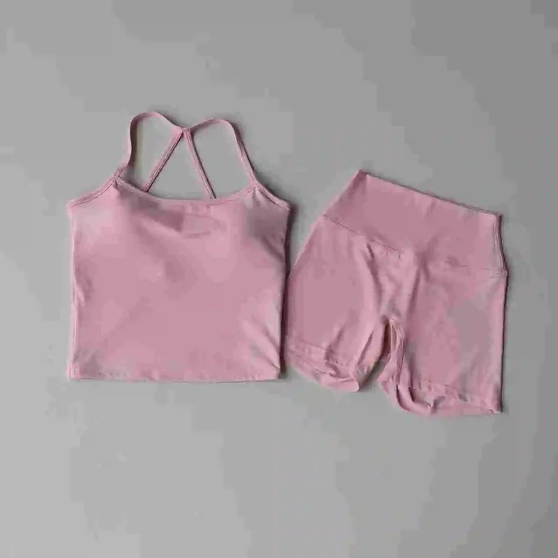 2PCS Gym Fitness Medium-intensity Sports Vest Beauty Back Yoga Suit Sports Bra Women Pilates Bra High Waist Hip Lift Shorts Set