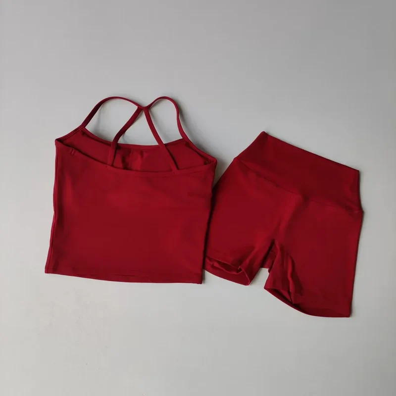 2PCS Gym Fitness Medium-intensity Sports Vest Beauty Back Yoga Suit Sports Bra Women Pilates Bra High Waist Hip Lift Shorts Set