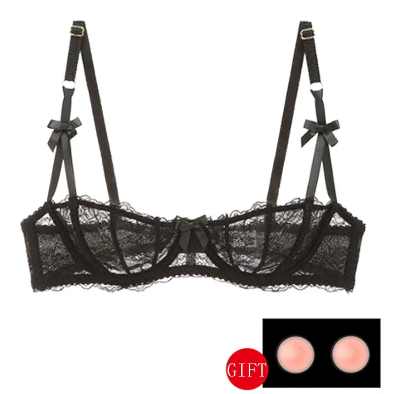 Half Cup Bras For Women Sexy Lingerie Plus Size Transparent Balconette Embroidery See Through Lace Bra Top Red Pink White Black