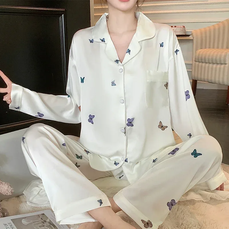 French Elegant Romantic Butterfly Print Women Pajamas Simple Ins Literary Aesthetics Sleepwear 2024 Fall Winter New Y2k Lounges