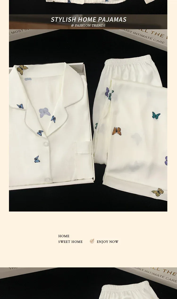 French Elegant Romantic Butterfly Print Women Pajamas Simple Ins Literary Aesthetics Sleepwear 2024 Fall Winter New Y2k Lounges