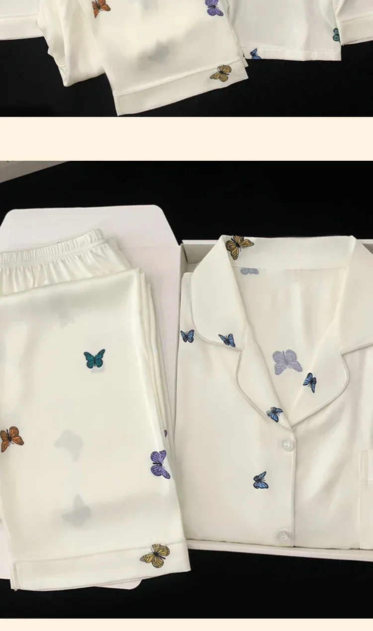 French Elegant Romantic Butterfly Print Women Pajamas Simple Ins Literary Aesthetics Sleepwear 2024 Fall Winter New Y2k Lounges