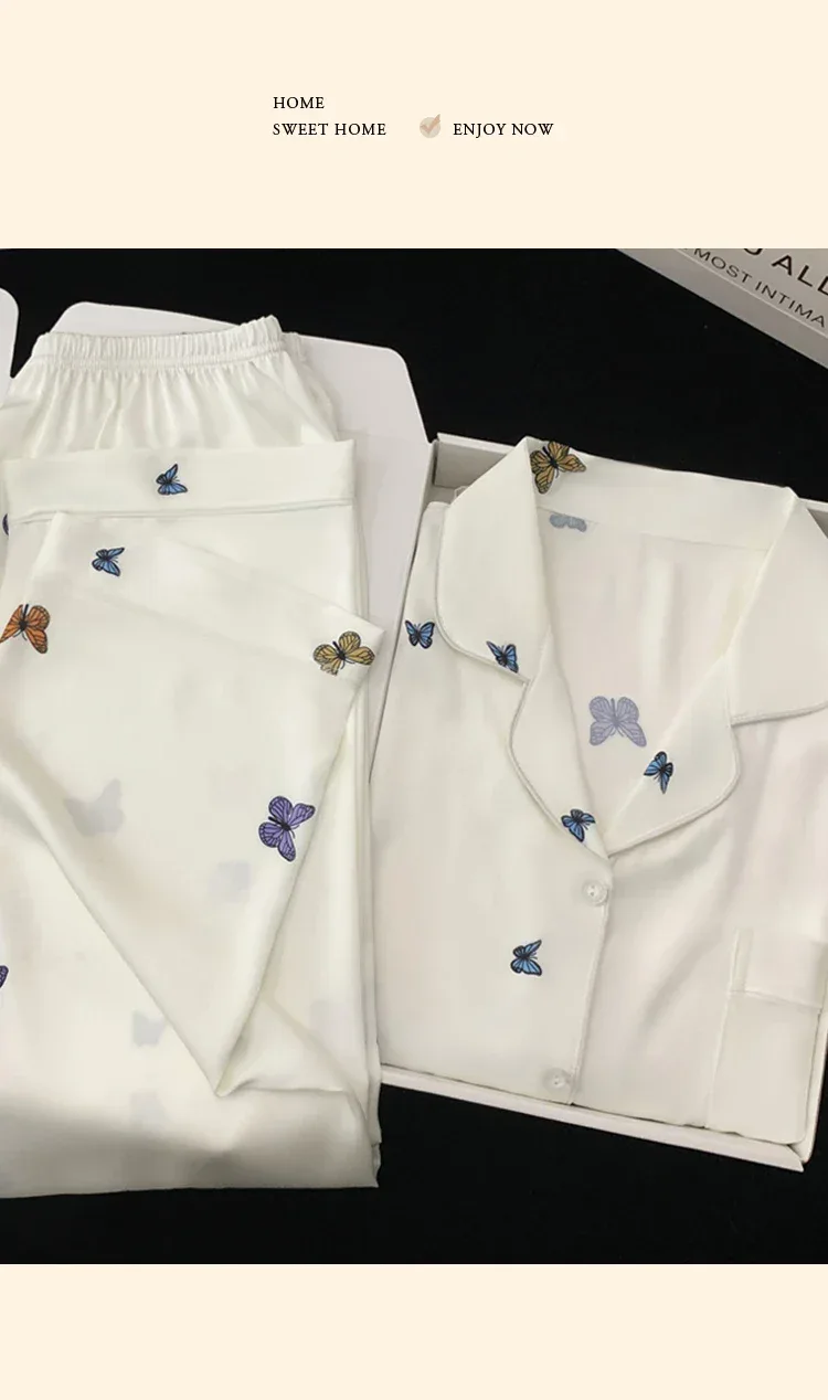 French Elegant Romantic Butterfly Print Women Pajamas Simple Ins Literary Aesthetics Sleepwear 2024 Fall Winter New Y2k Lounges