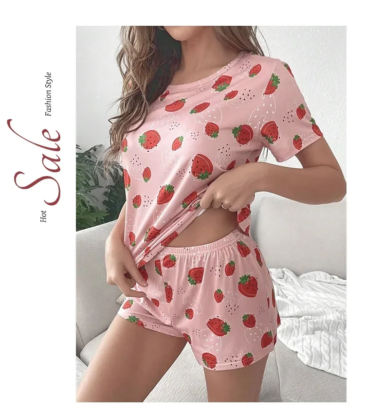 Pajamas Set for Women Breathable Strawberry Print Sleepwear Comfy Short Sleeve Top and Shorts Pyjama Home Loungewear for Ladies