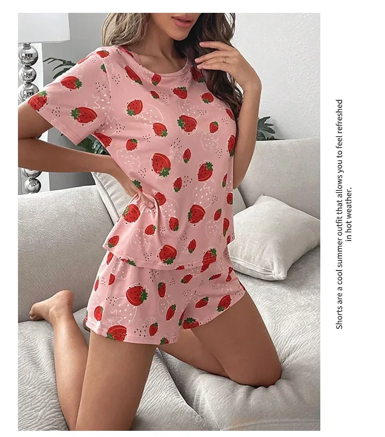 Pajamas Set for Women Breathable Strawberry Print Sleepwear Comfy Short Sleeve Top and Shorts Pyjama Home Loungewear for Ladies