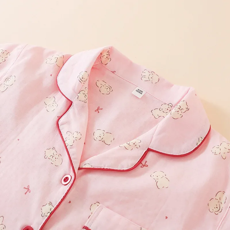 Summer Women Pajamas 3 Pieces Set 100% Gauze Cotton Female Sleepwear Bedroom Set Short sleeved long pants + shorts Woman Piiama